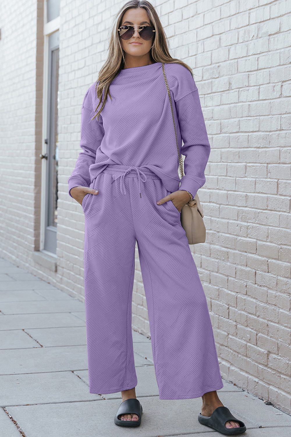 Double take full size textured long sleeve top and drawstring pants set - lavender / s