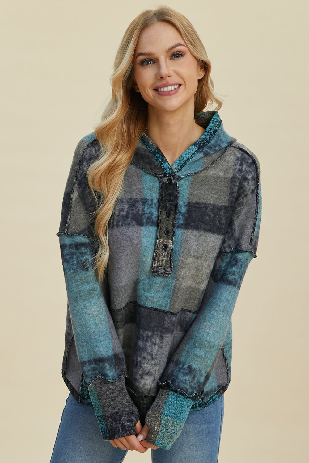 Double take full size plaid dropped shoulder hoodie