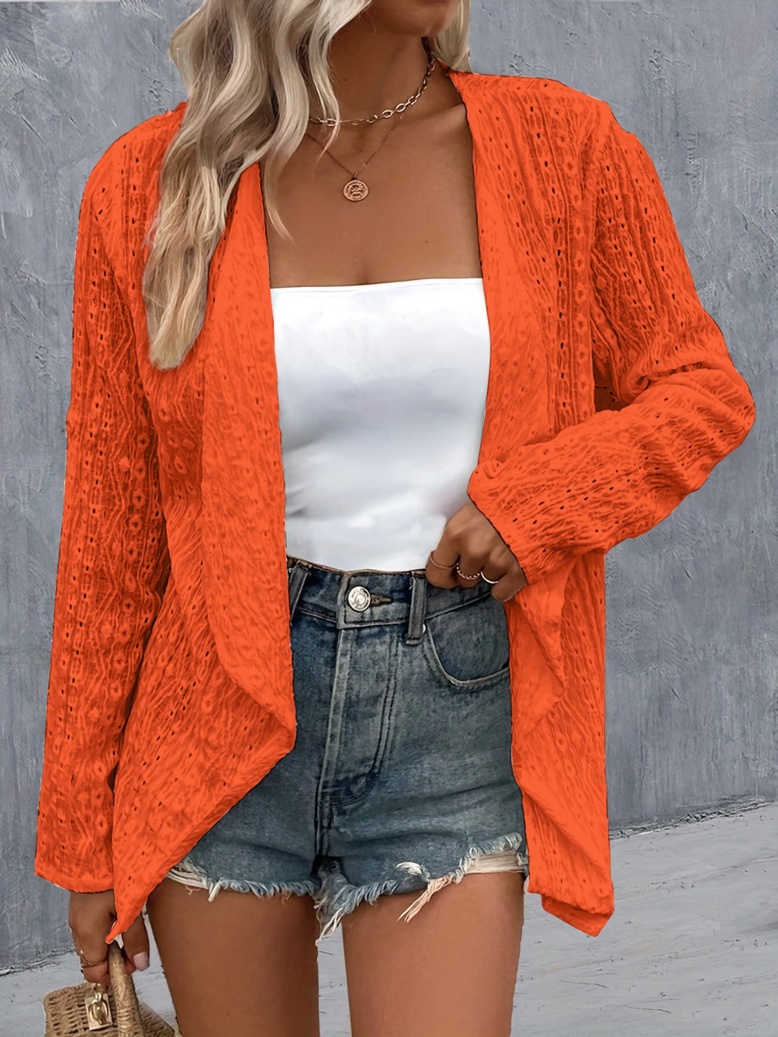 Eyelet roll-tab sleeve cardigan