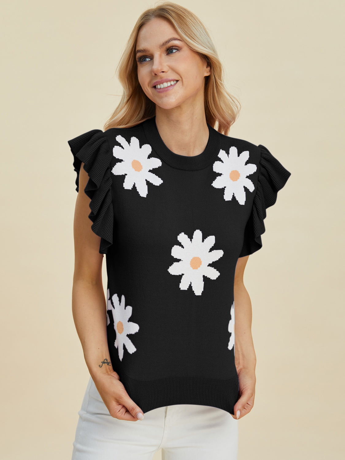 Double take full size ruffled flower round neck cap sleeve sweater