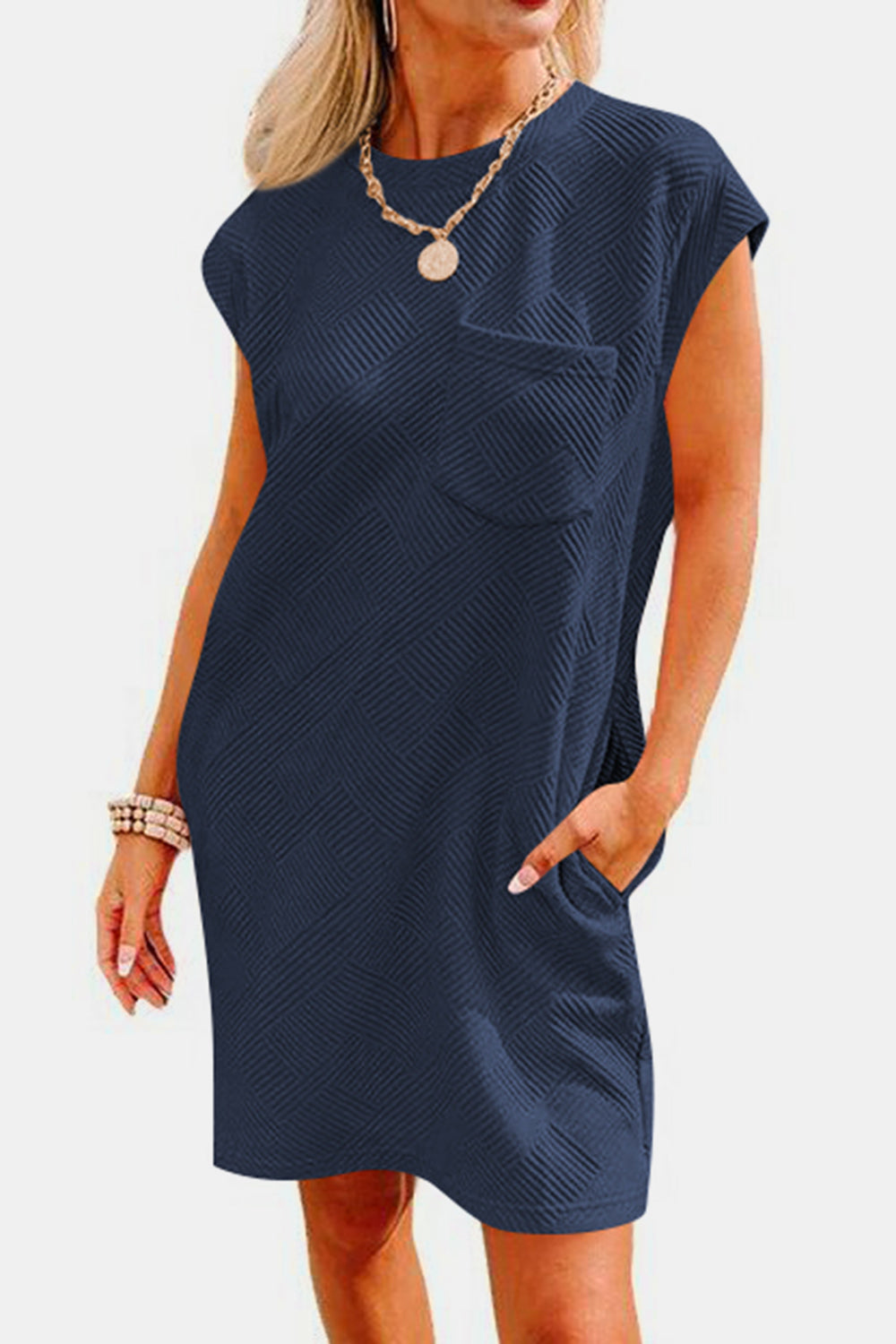 Textured round neck cap sleeve dress - dark blue / s