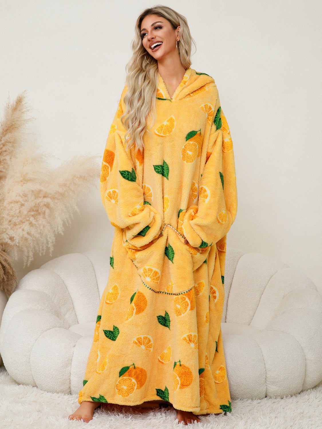 Fuzzy pocketed long sleeve hooded lounge dress - yellow / one size