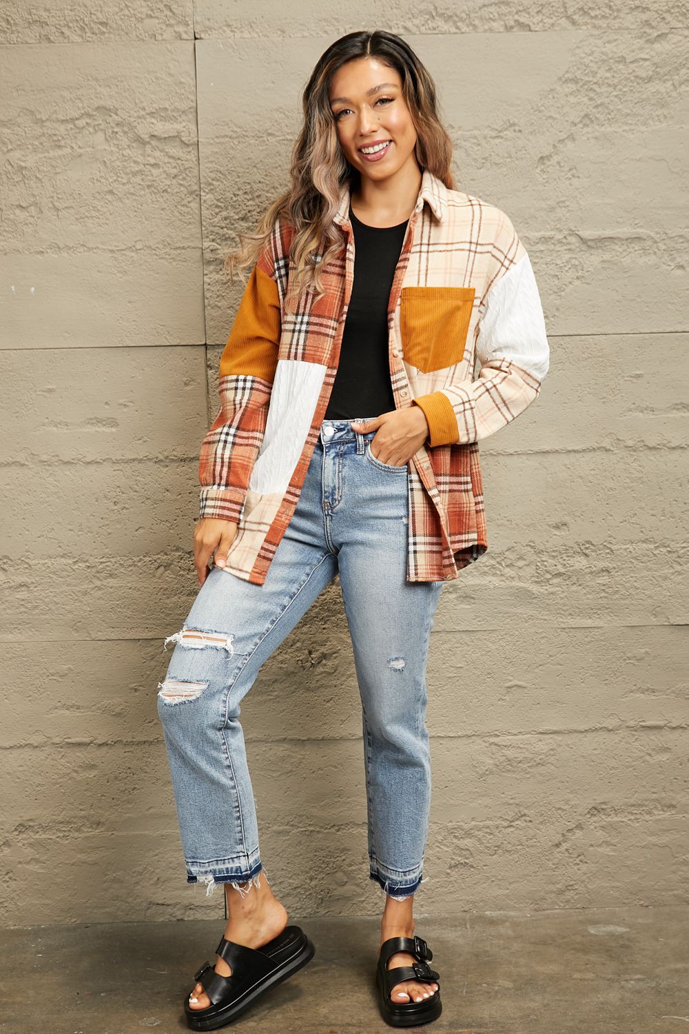 Double take plaid color block dropped shoulder shacket