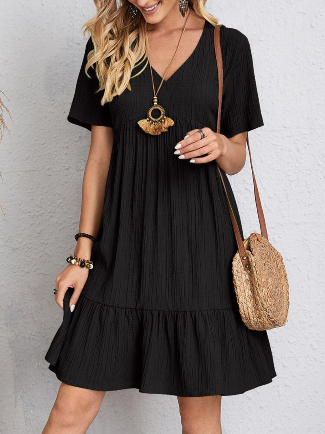 Full size v-neck short sleeve dress