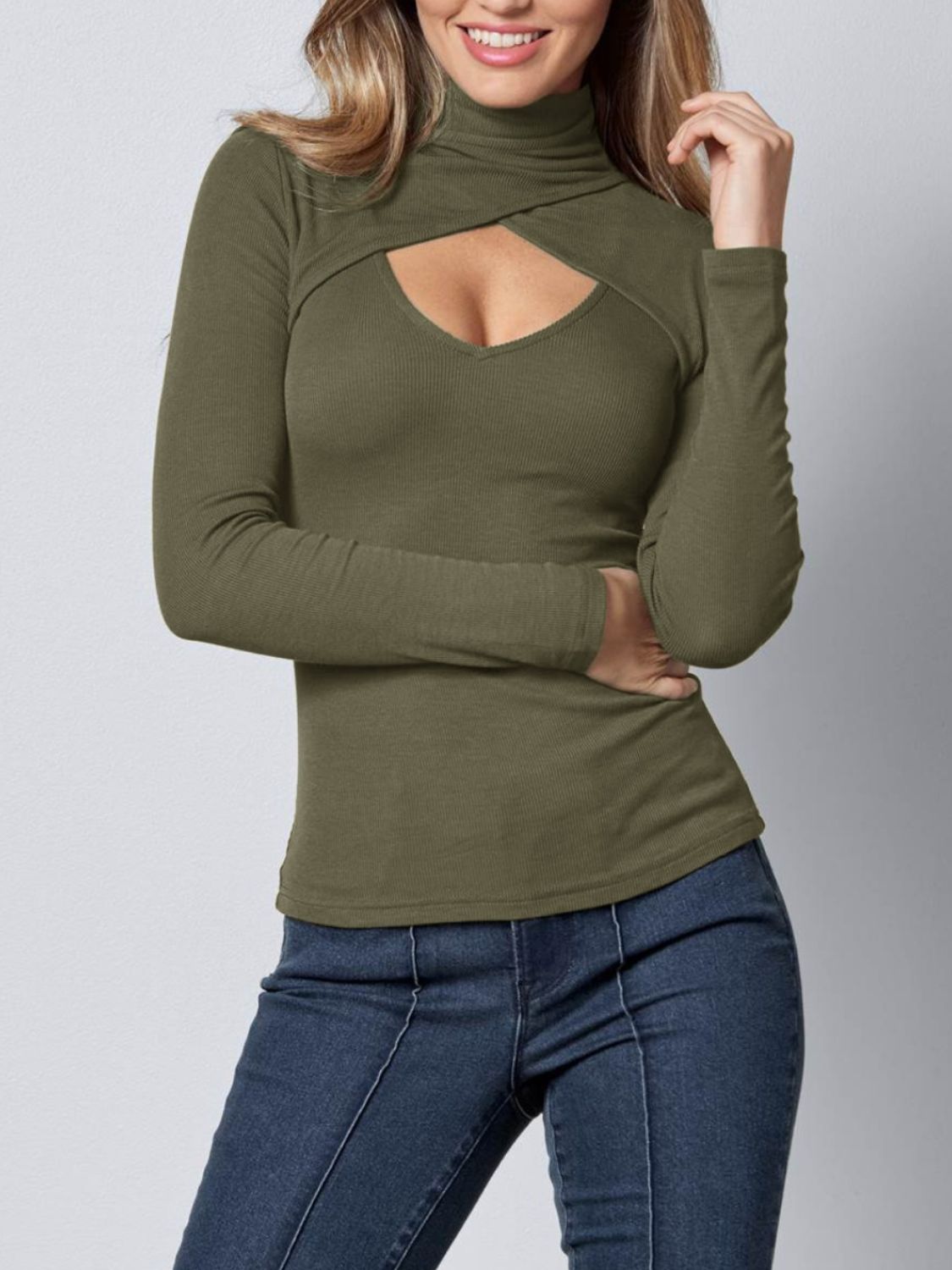 Cutout turtleneck long sleeve t-shirt - army green / s