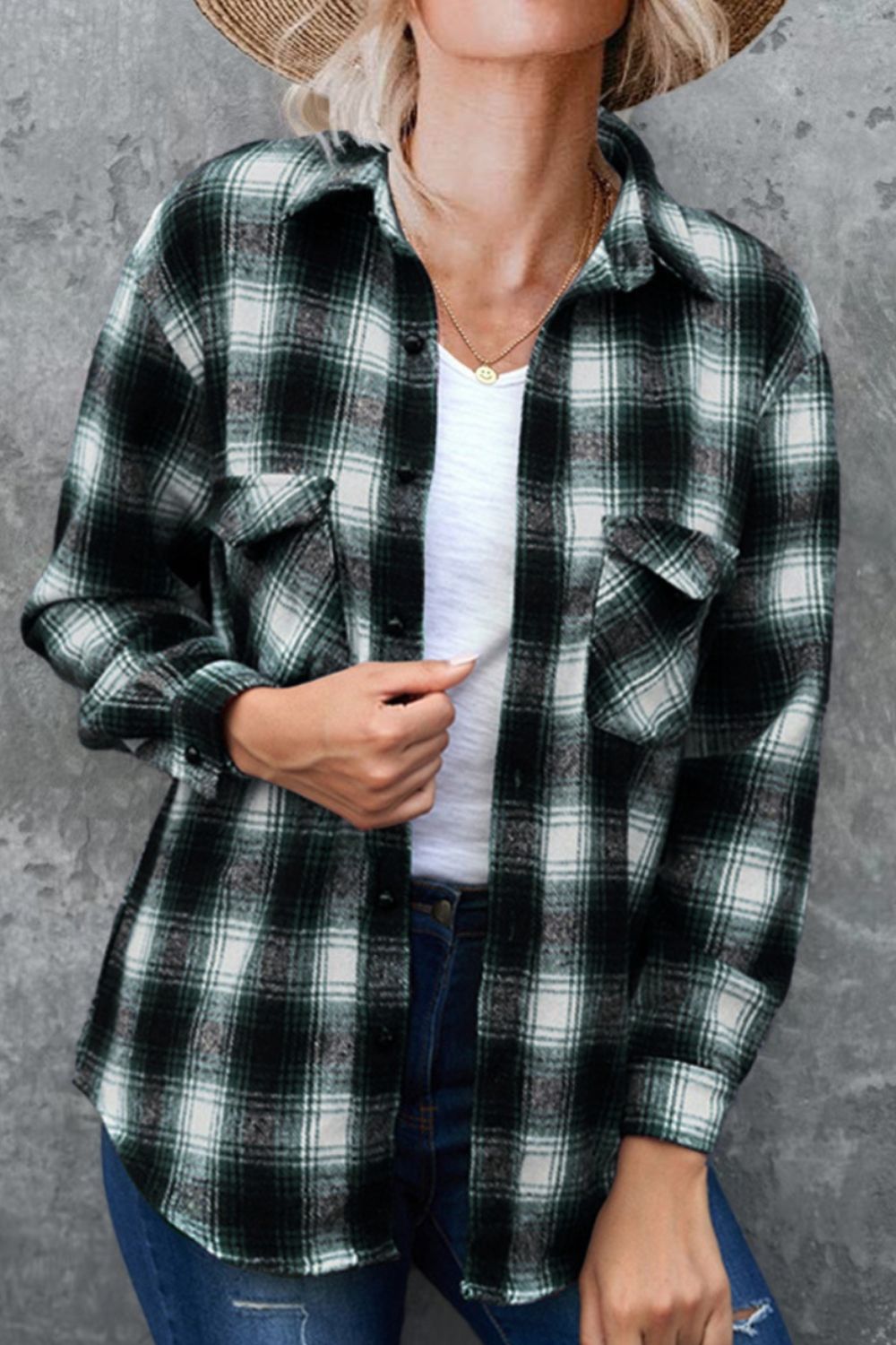 Full size plaid collared neck long sleeve shirt