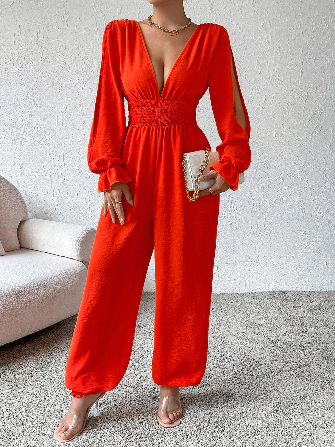 Plunge smocked flounce sleeve jumpsuit