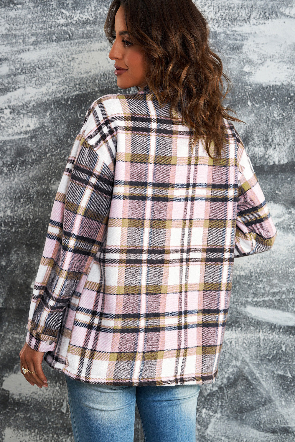 Double take plaid button front shirt jacket with breast pockets