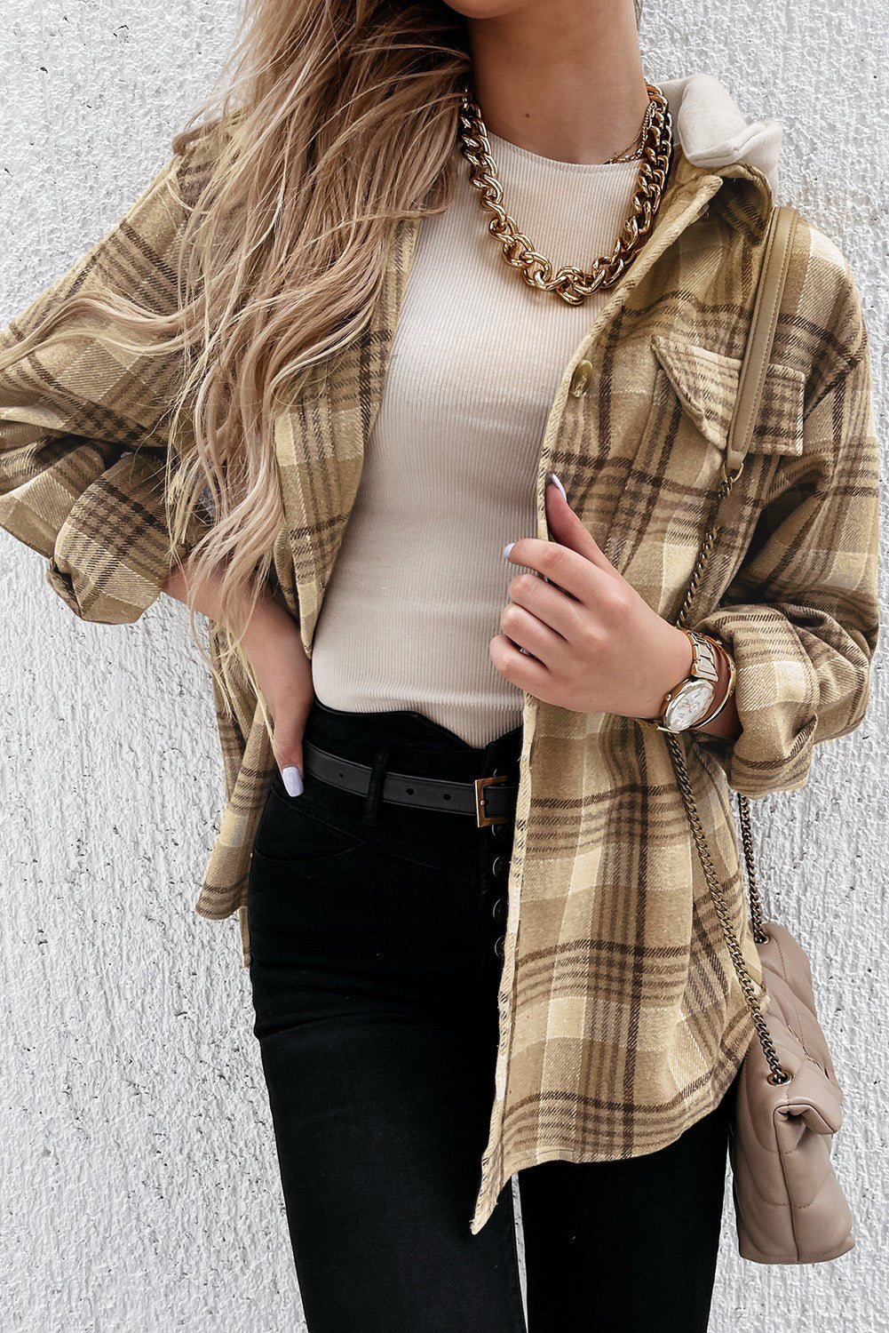 Plaid button up hooded jacket with pockets