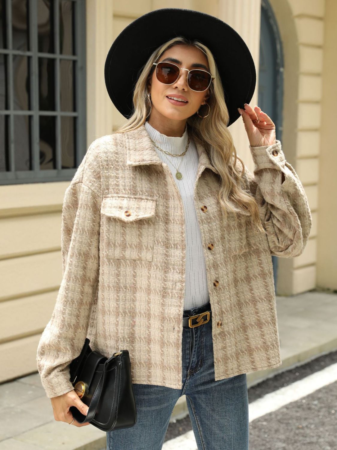 Plaid collared neck long sleeve jacket - tan / s