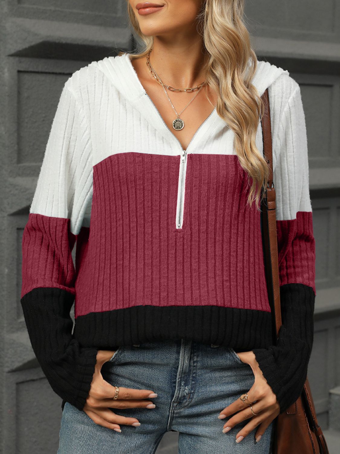 Color block hooded long sleeve t-shirt - burgundy / s