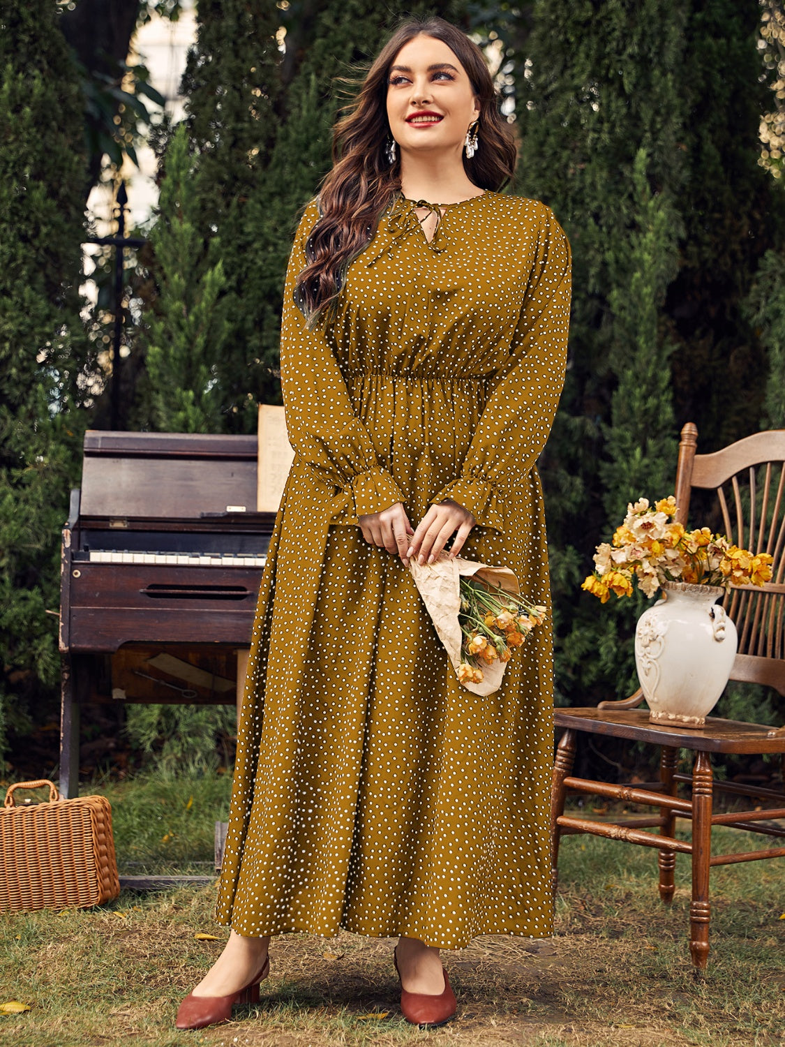 Plus size ruffled polka dot long sleeve midi dress - olive / 0xl