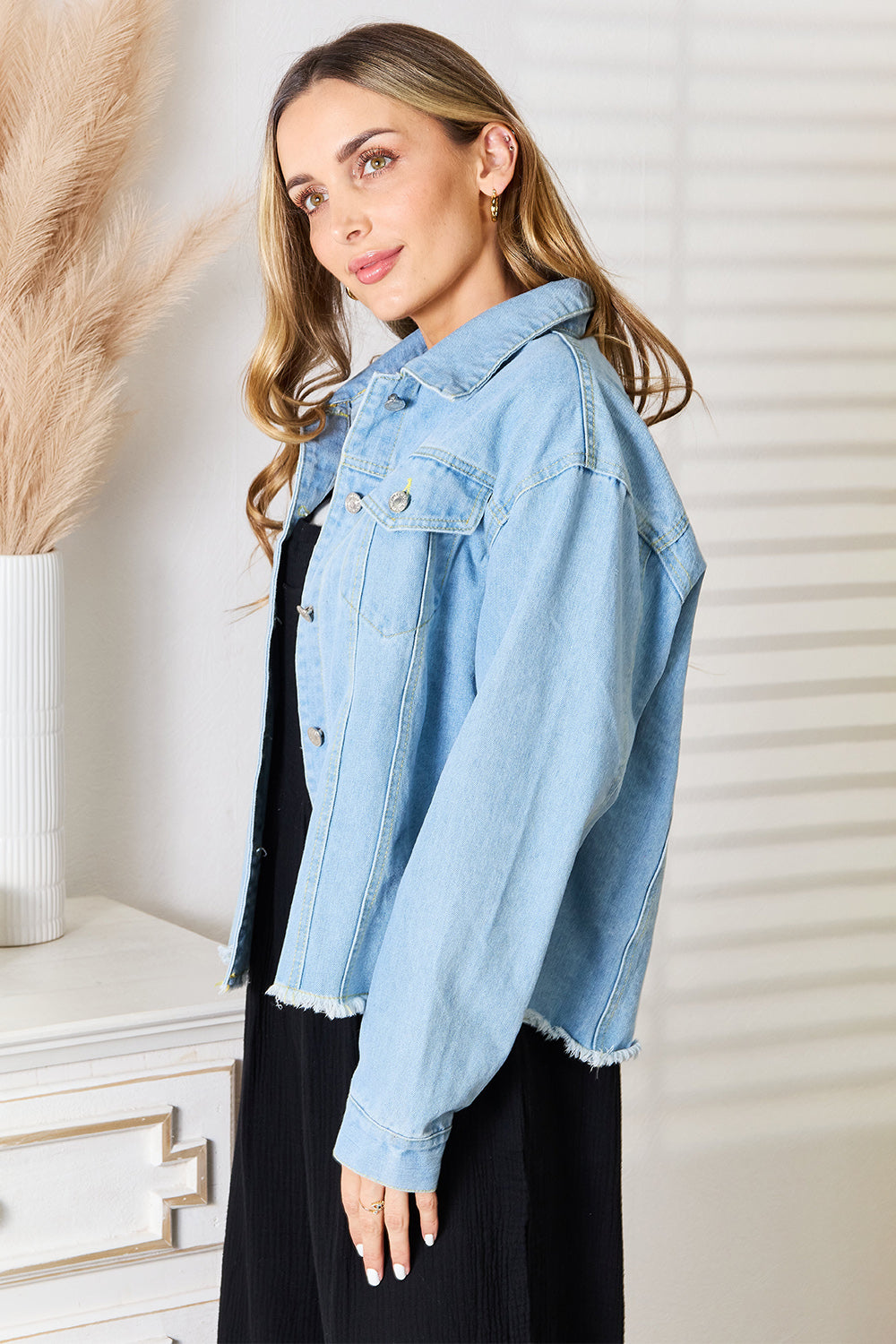 Double take dropped shoulder raw hem denim jacket