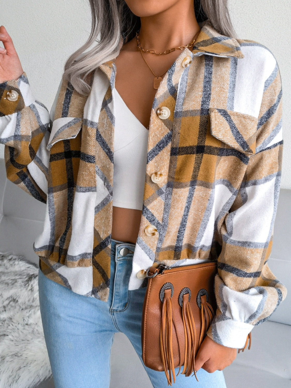 Plaid collared neck long sleeve jacket