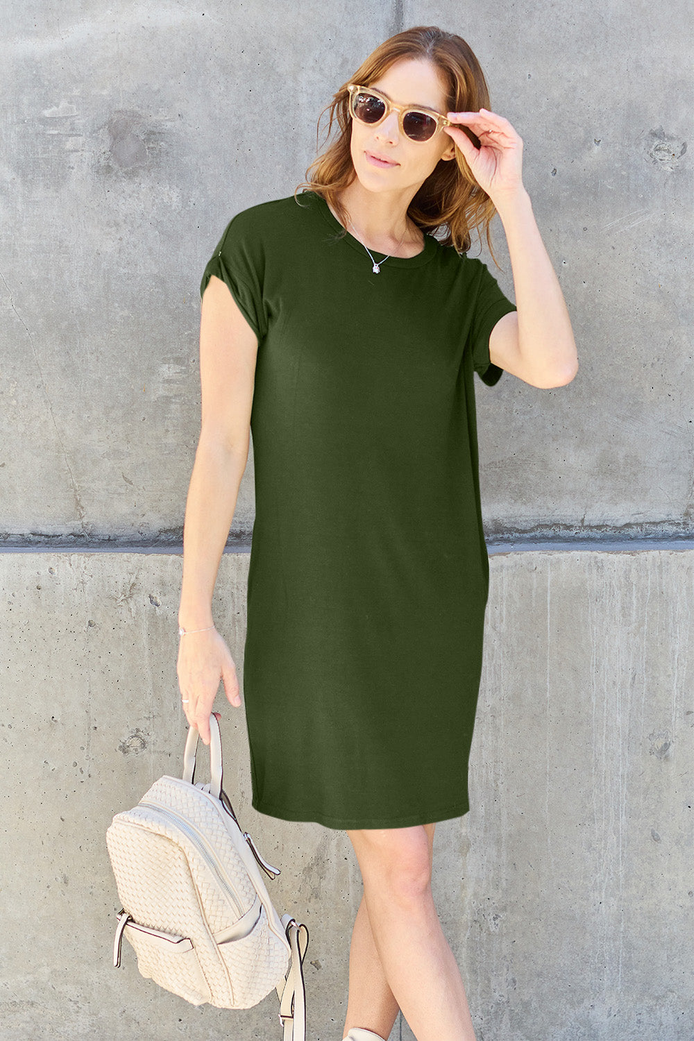 Basic bae full size round neck short sleeve dress with pockets - matcha green / s