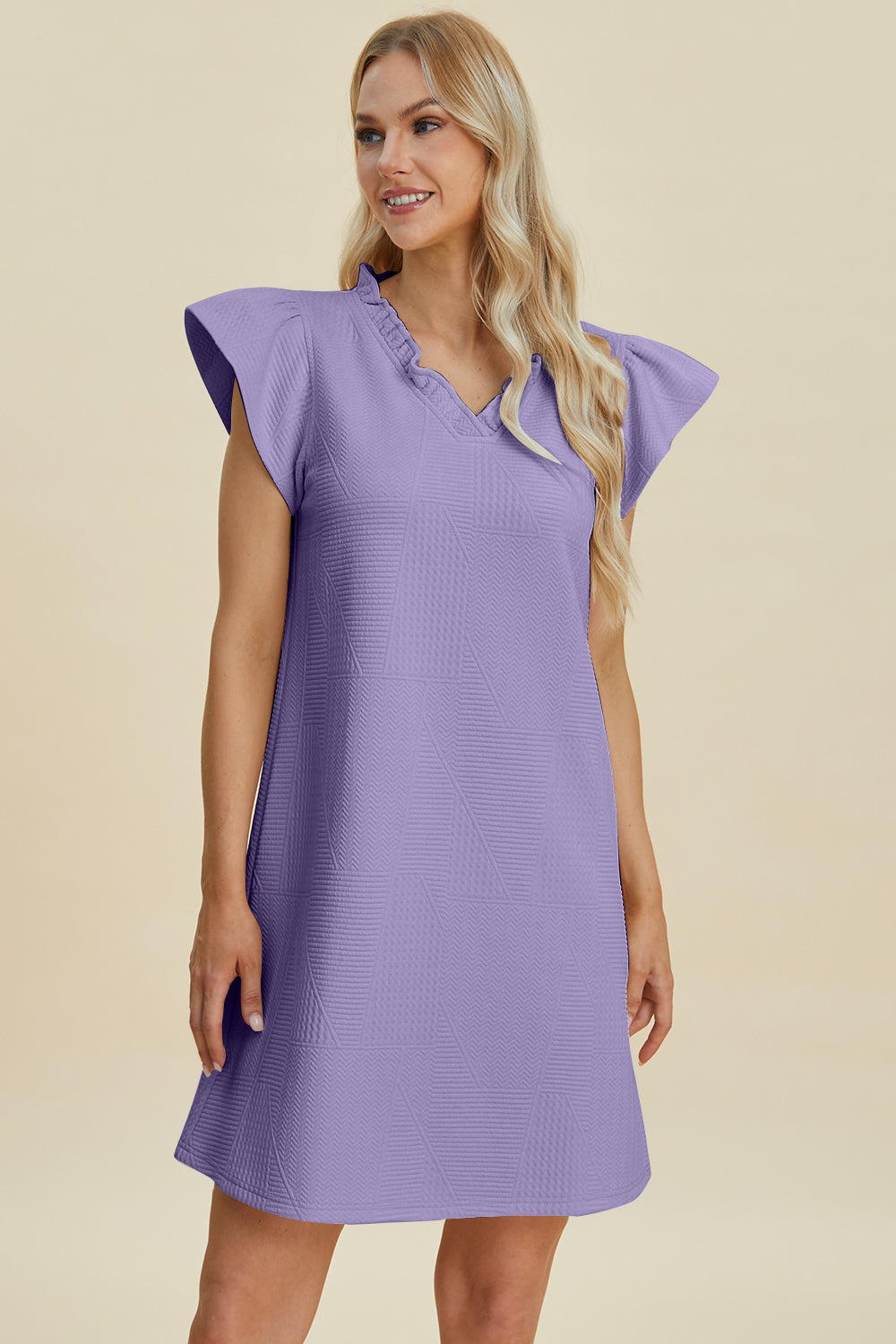 Double take full size ruffled v-neck cap sleeve dress