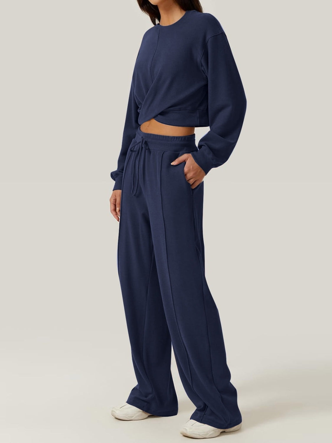 Crisscross round neck top and drawstring pants set - navy / s