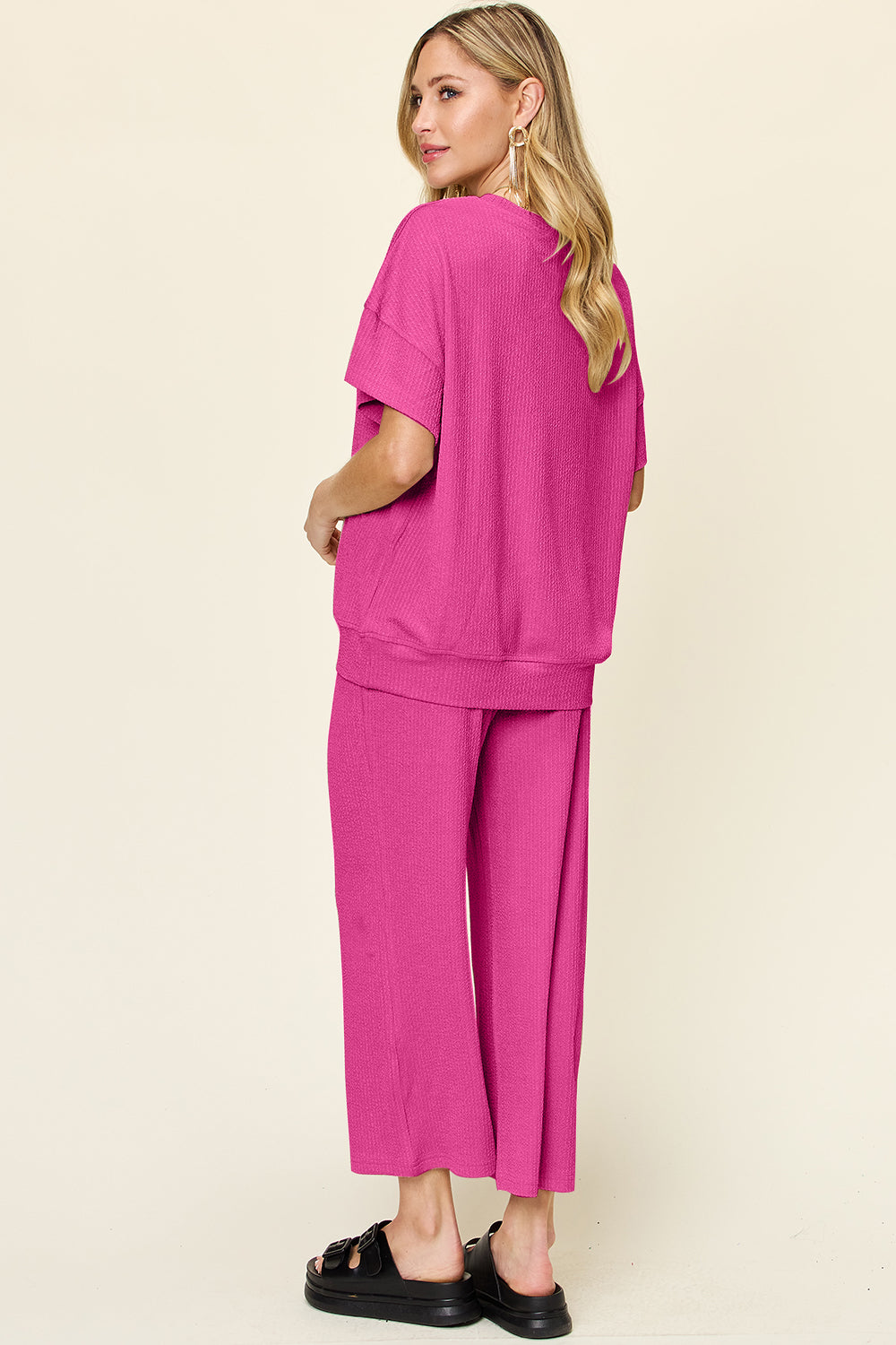 Double take full size texture round neck short sleeve t-shirt and wide leg pants