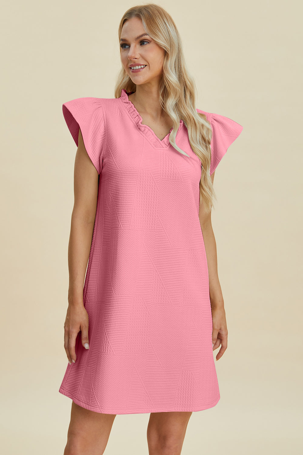 Double take full size ruffled v-neck cap sleeve dress