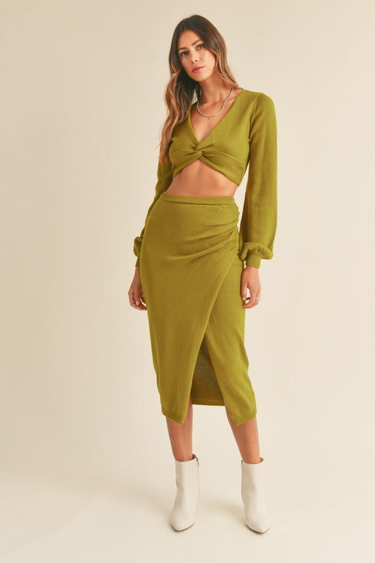 Mable front twisted knit top and midi skirt set - moss green / s