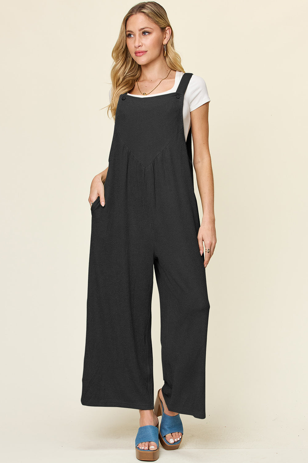 Double take full size texture sleeveless wide leg overall