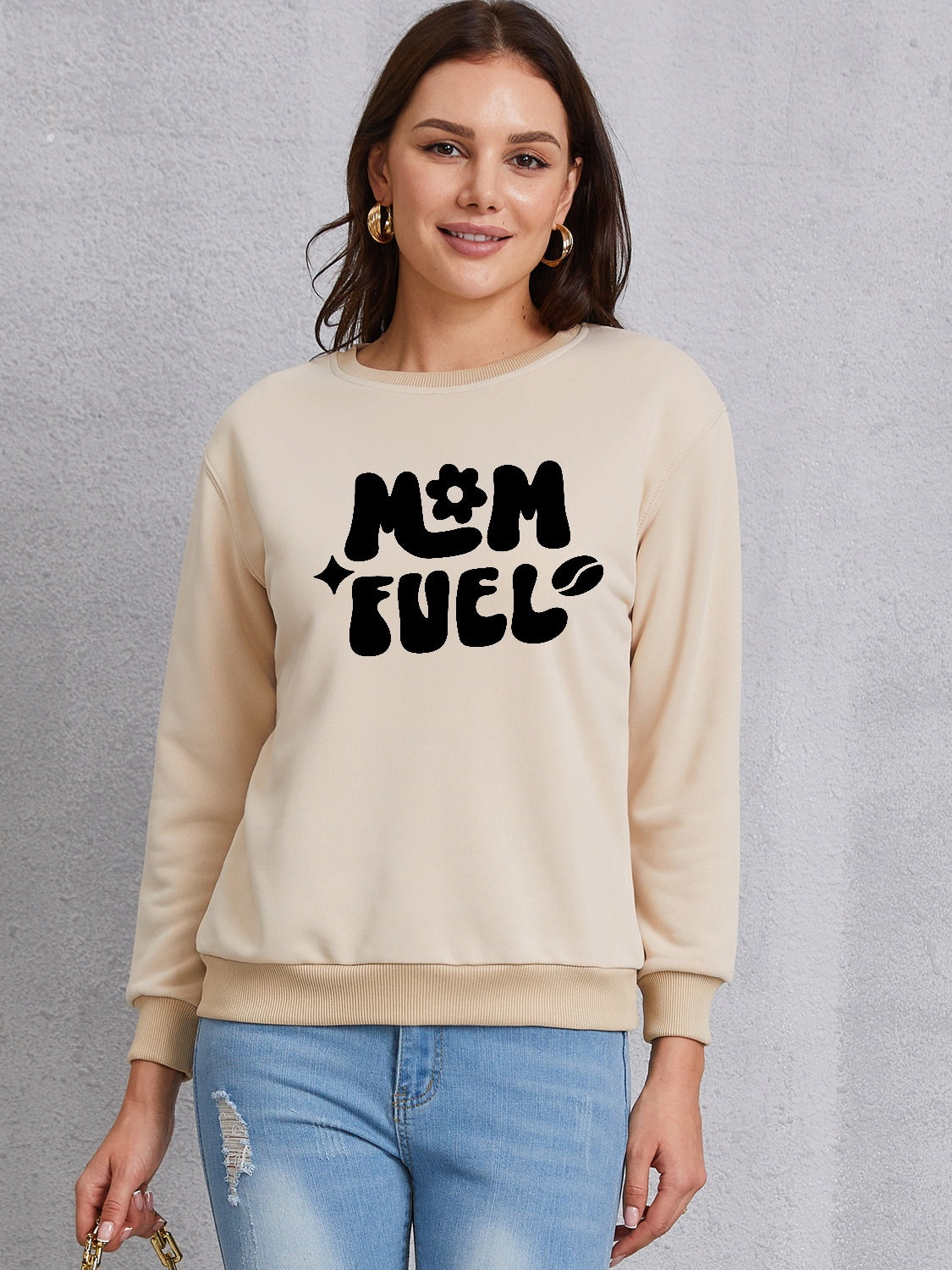 Letter graphic round neck sweatshirt - khaki / s