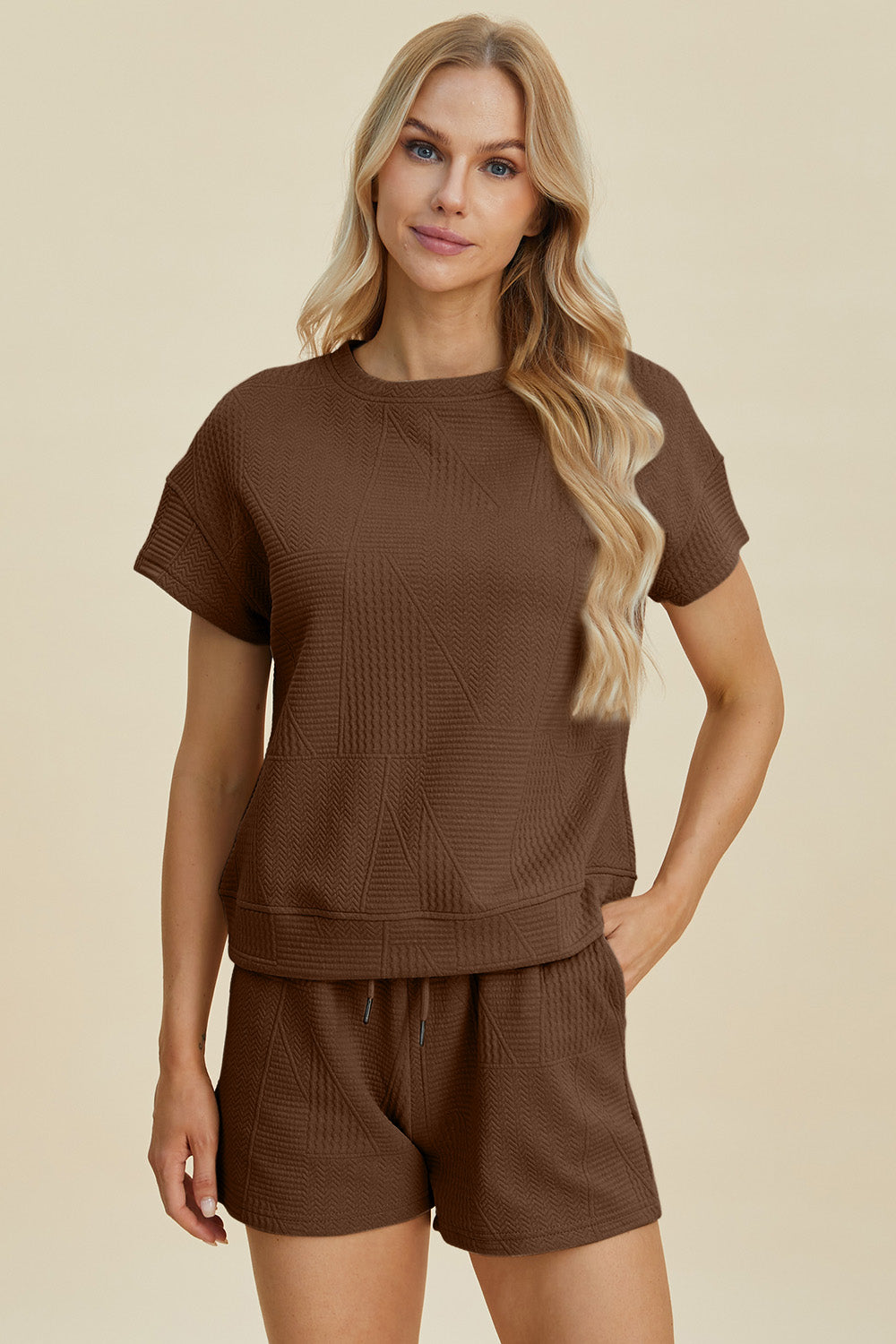 Double take full size texture short sleeve top and shorts set