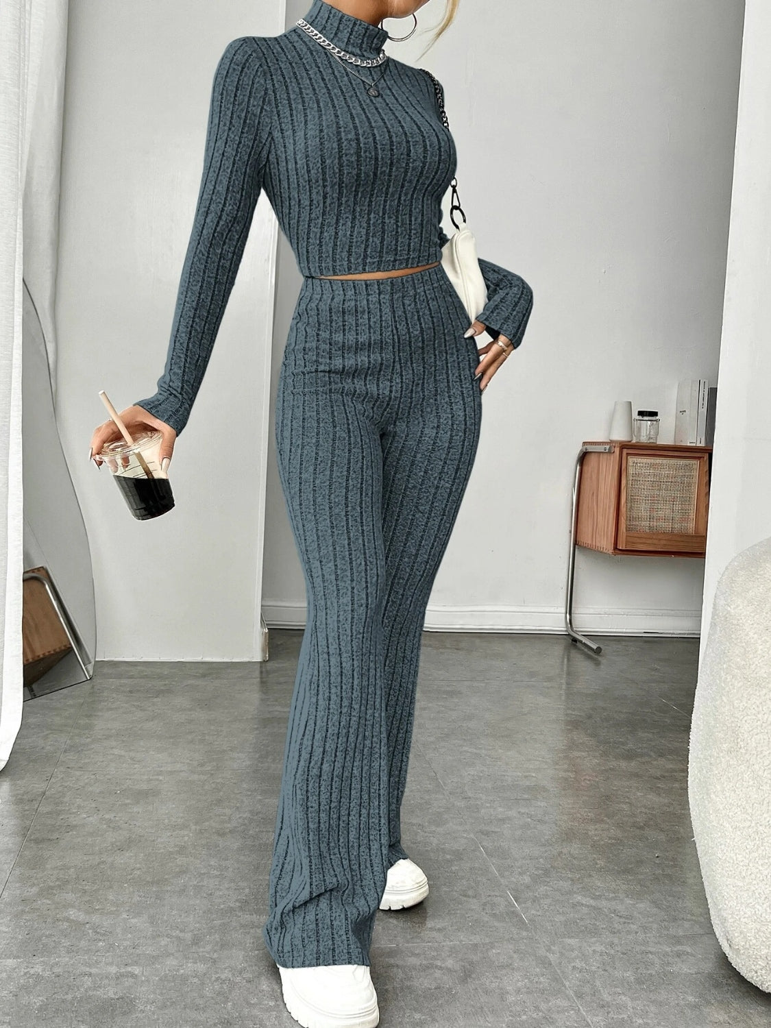 Ribbed mock neck long sleeve top and pants set