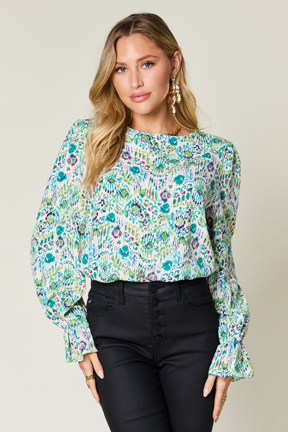 Double take full size printed flounce sleeve blouse - turquoise / s