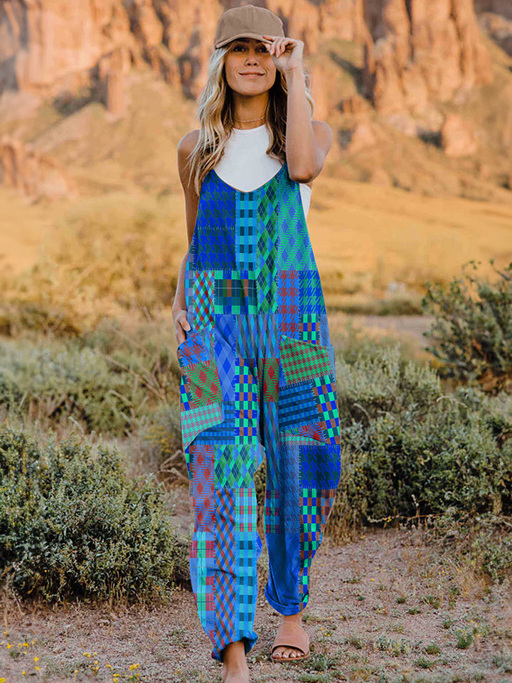 Full size printed v-neck sleeveless jumpsuit - blue / s