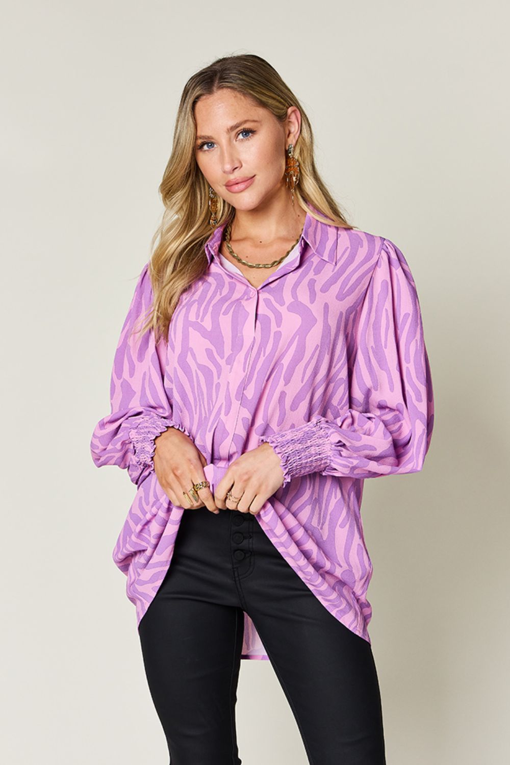 Double take full size printed smocked long sleeve blouse - lavender / s