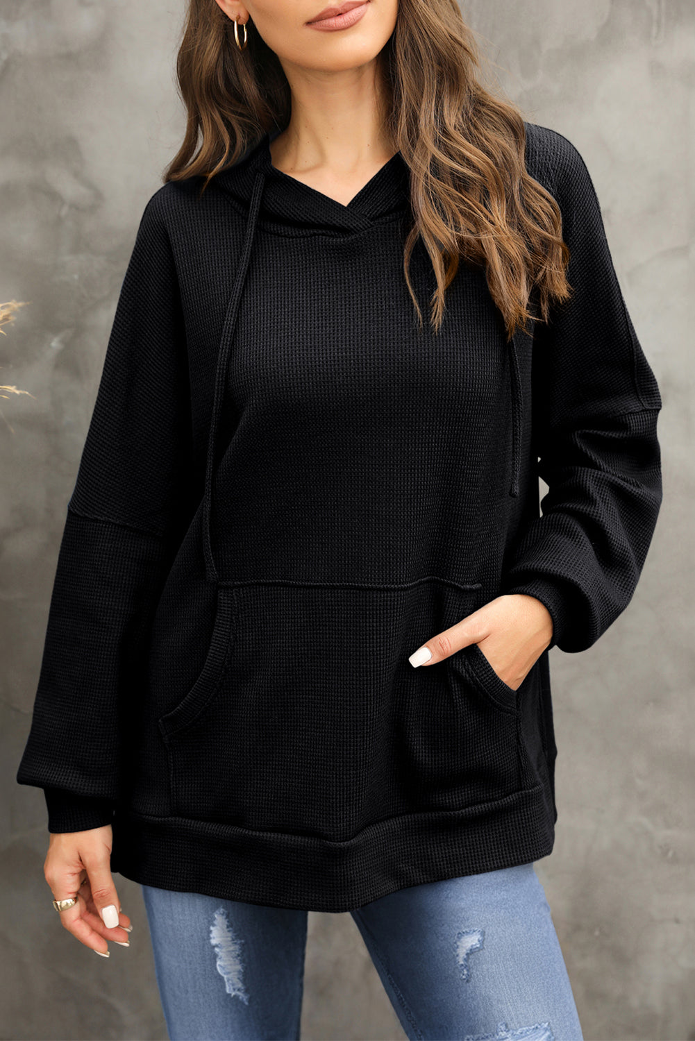 Waffle-knit long sleeve hoodie - black / s