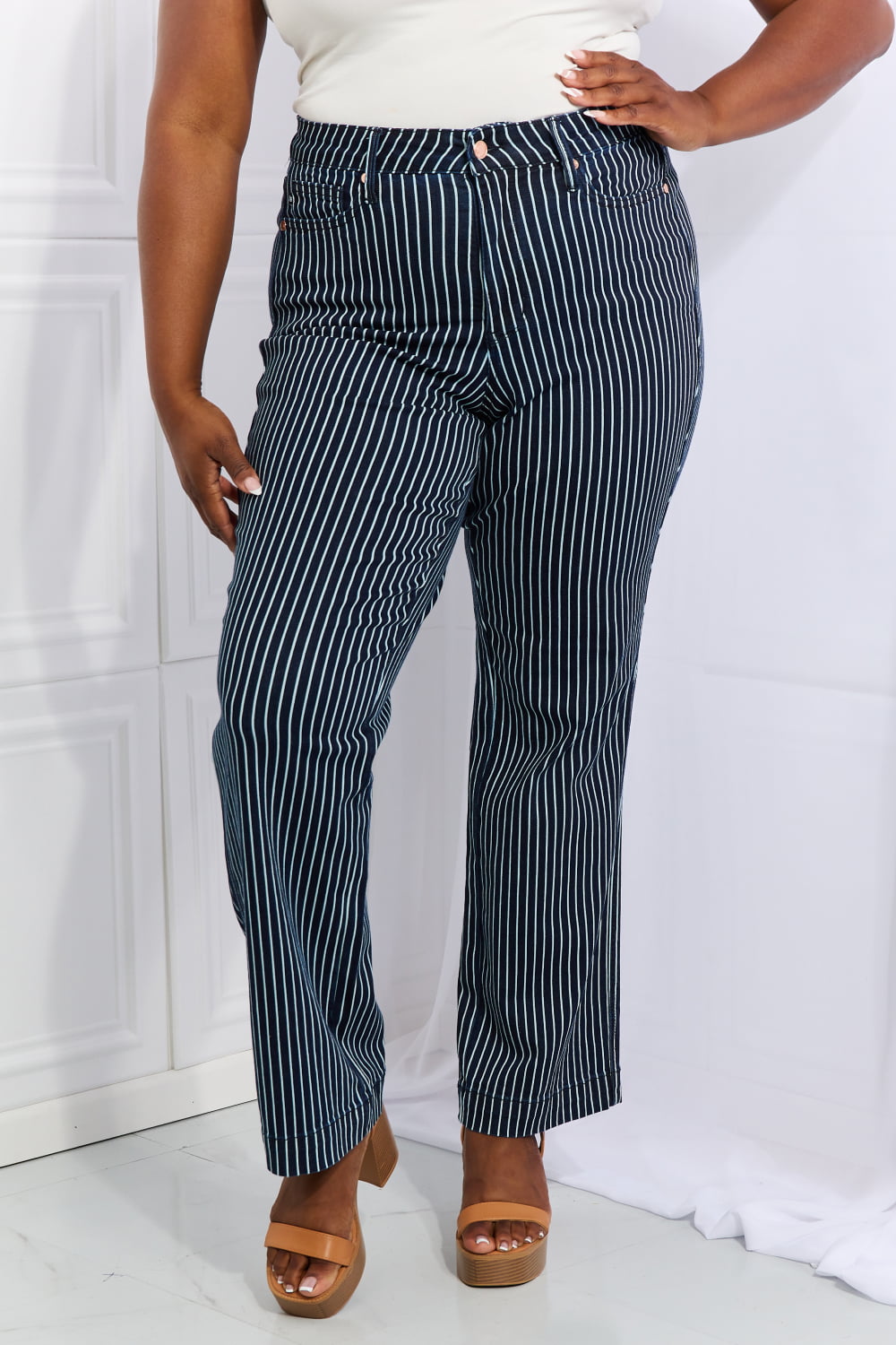 Judy blue cassidy full size high waisted tummy control striped straight jeans - deep teal / 0(24)