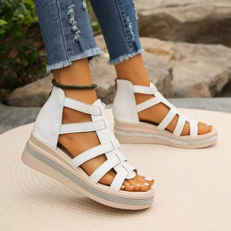 Cutout rhinestone trim wedge sandals