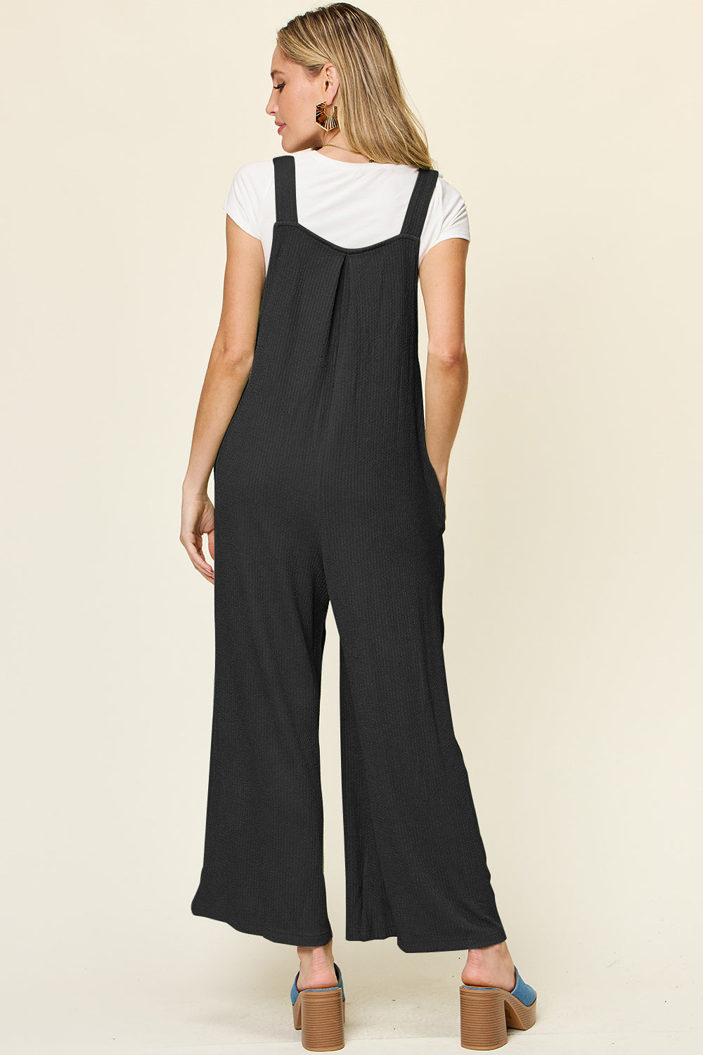 Double take full size texture sleeveless wide leg overall