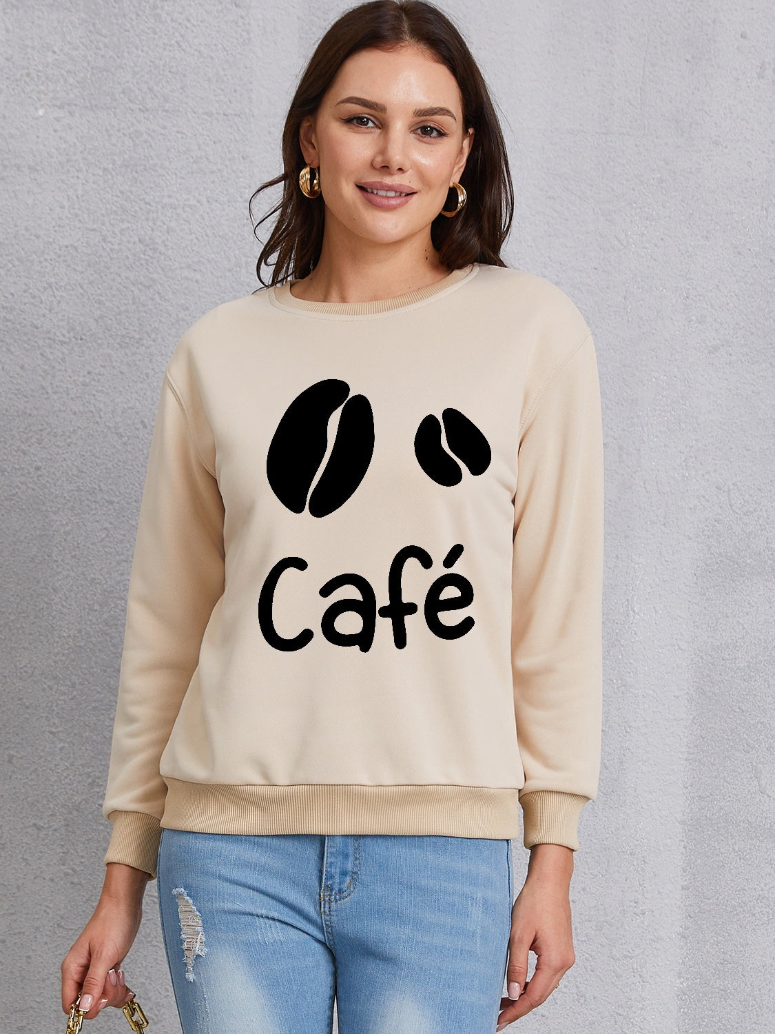 Cafe round neck dropped shoulder sweatshirt - khaki / s