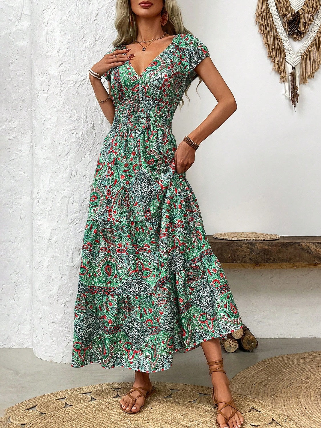 Smocked printed cap sleeve midi dress