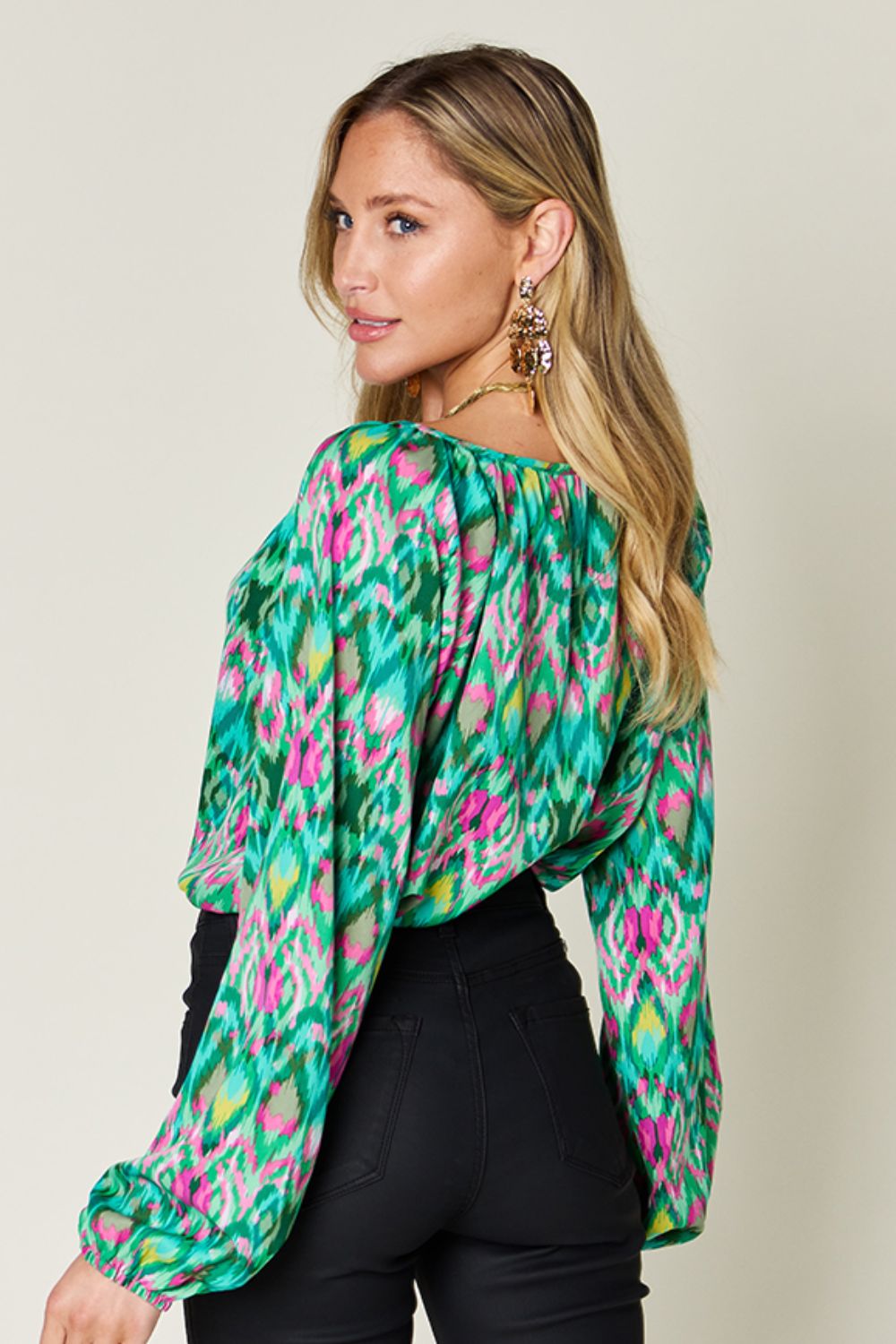 Double take full size printed balloon sleeve blouse