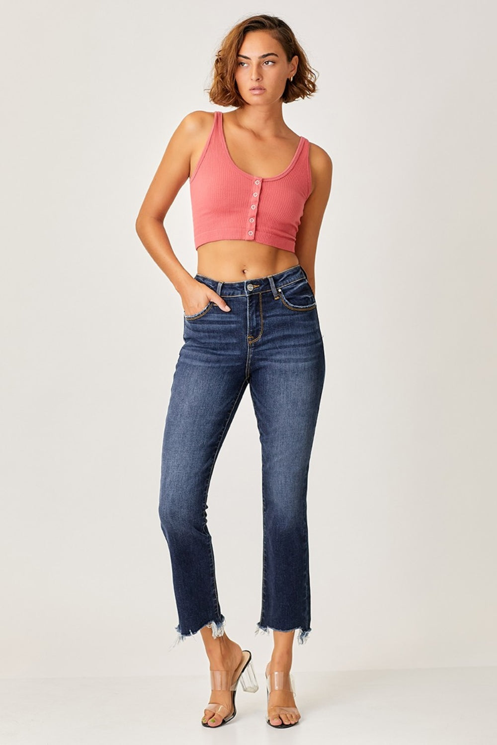 Risen full size frayed hem cropped straight jeans