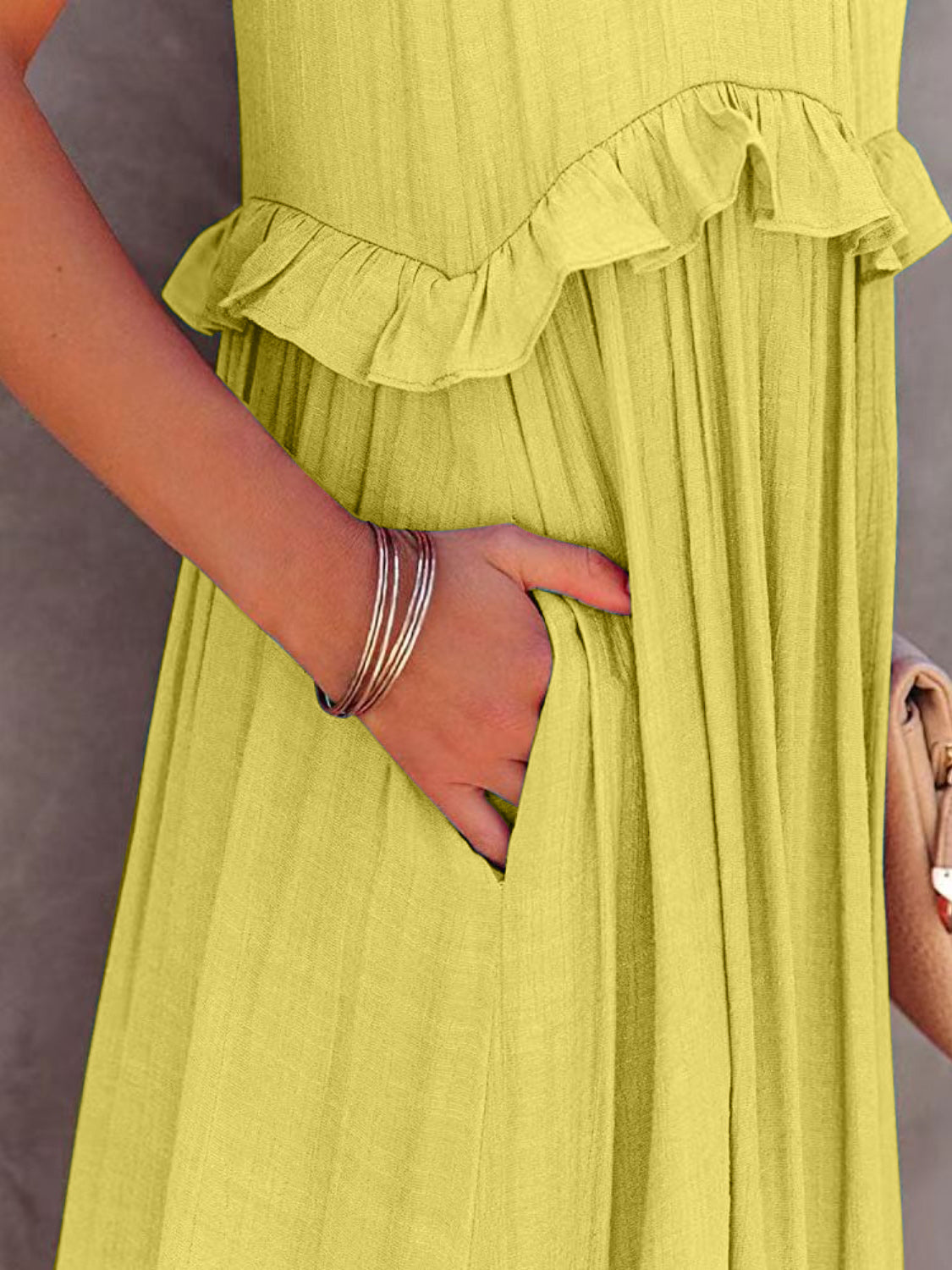 Ruffled sleeveless tiered maxi dress with pockets