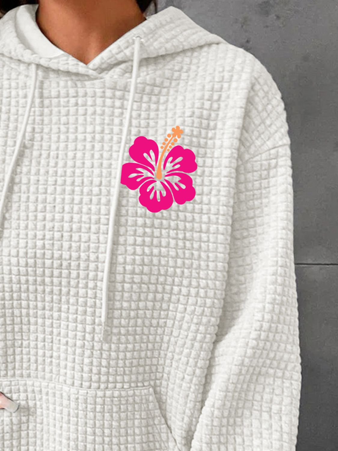 Full size flower graphic textured hoodie with pocket