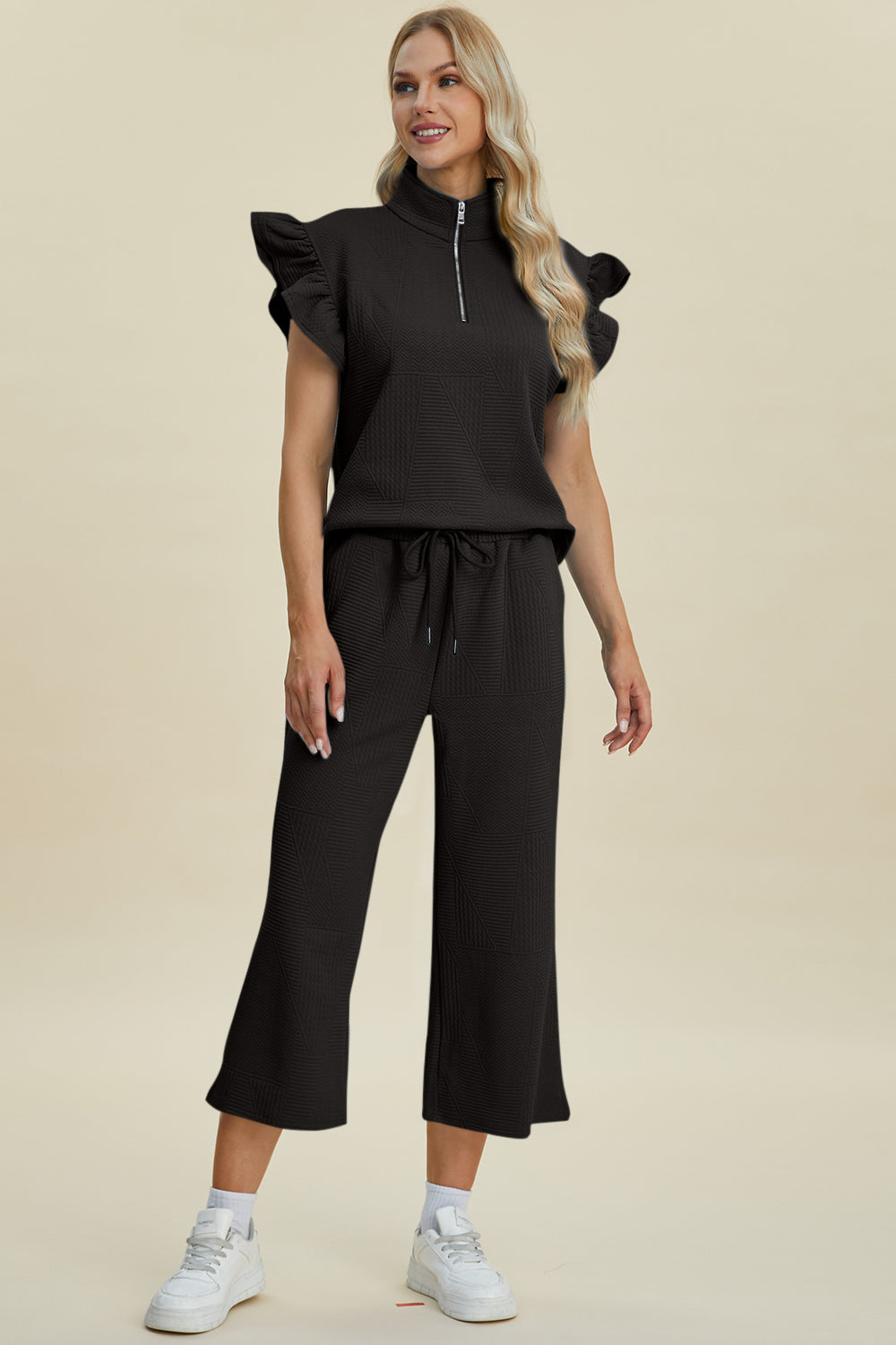 Double take full size texture ruffle short sleeve top and wide leg pants set