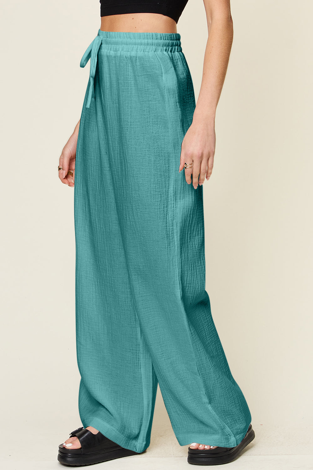 Double take full size texture drawstring wide leg pants