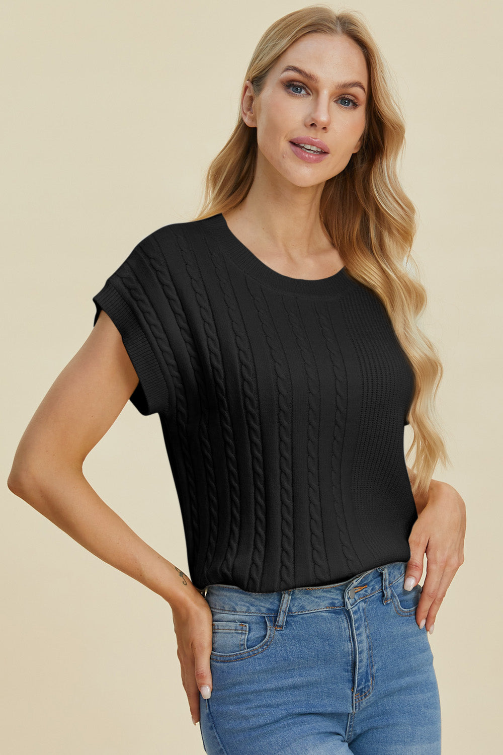 Double take full size cable-knit round neck short sleeve sweater