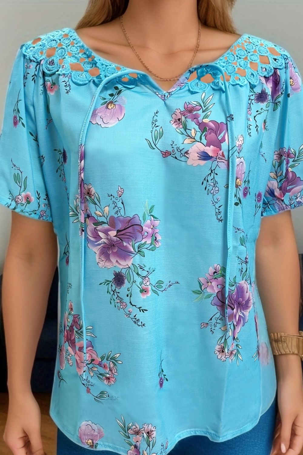 Full size printed tie neck short sleeve blouse - pastel blue / s