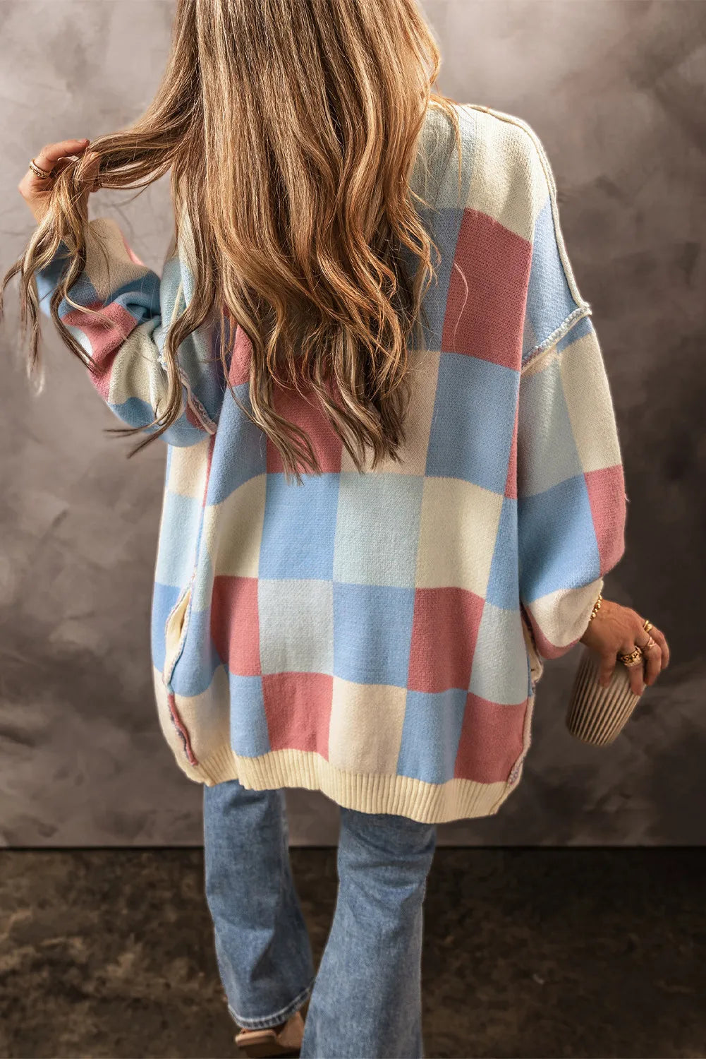 Color block open front long sleeve cardigan