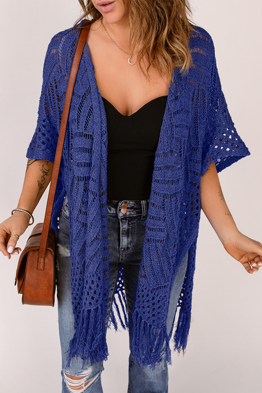 Openwork open front cardigan with fringes