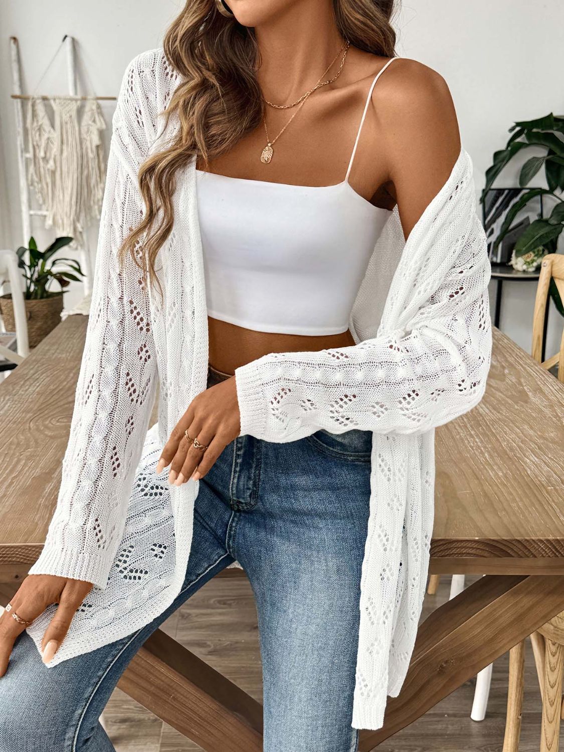 Openwork open front long sleeve cardigan