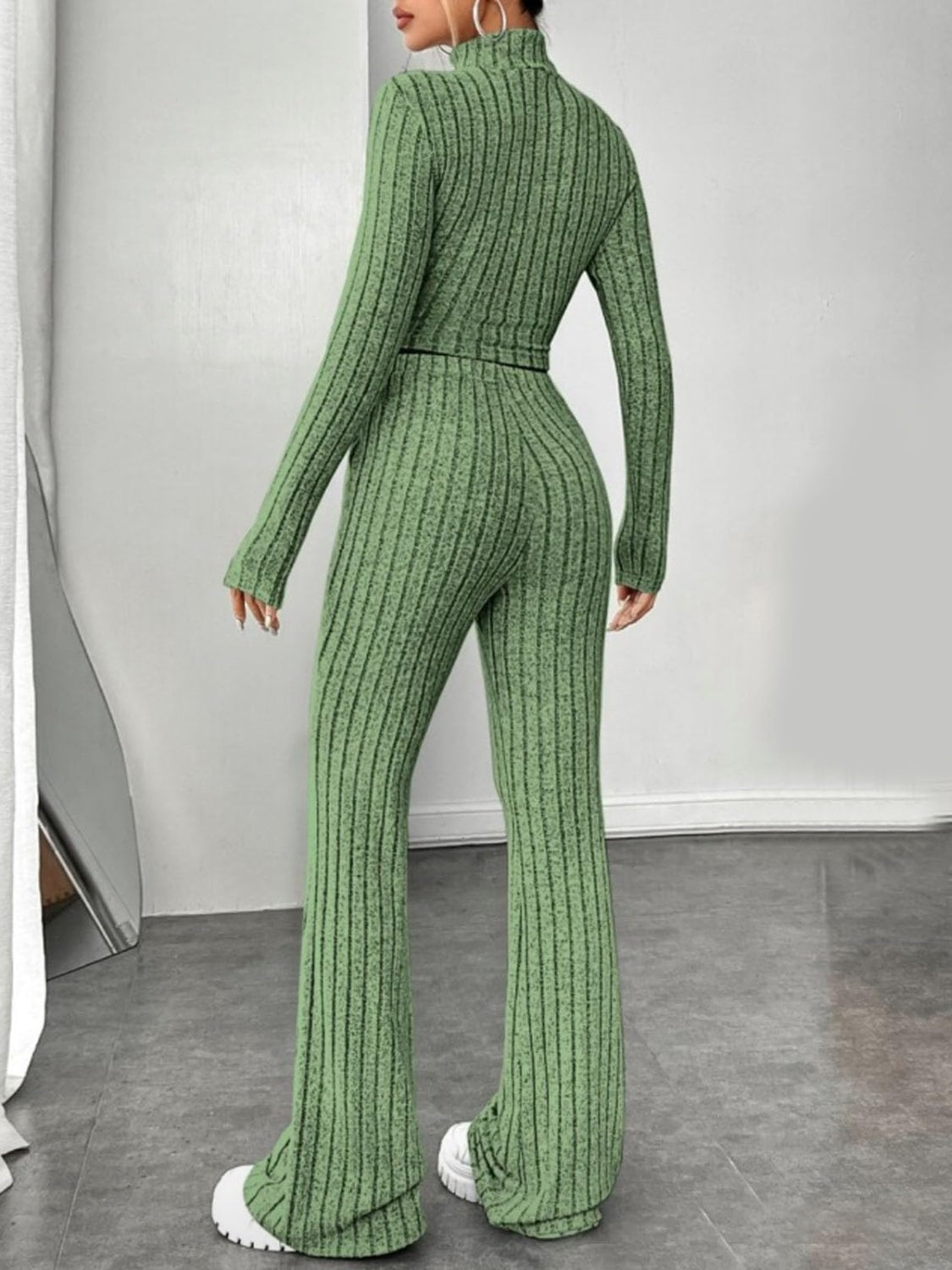 Ribbed mock neck long sleeve top and pants set - matcha green / s