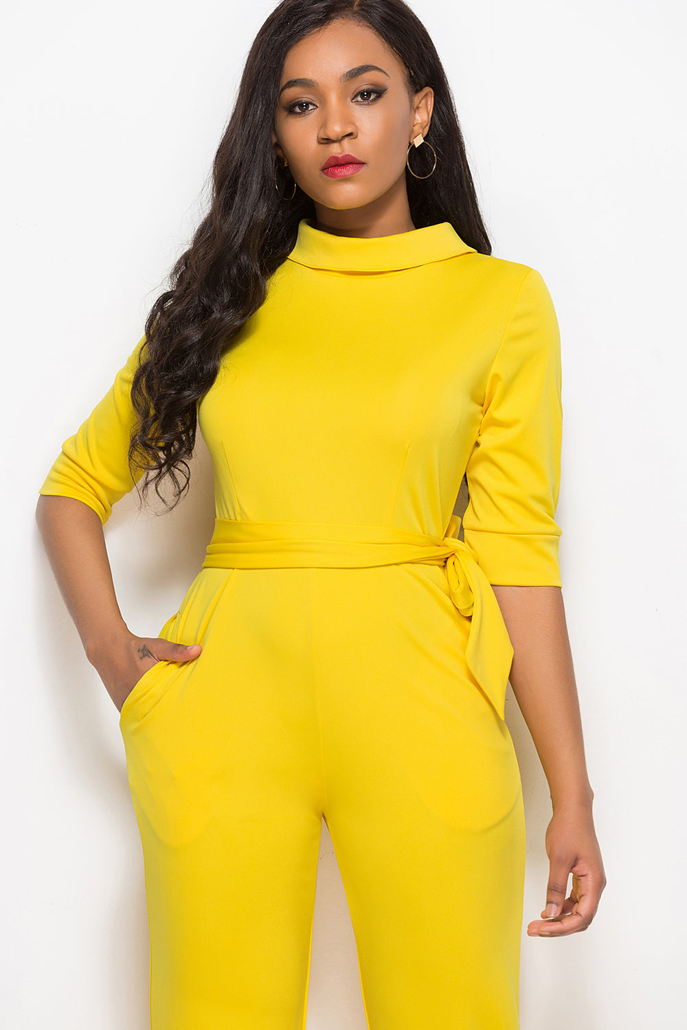 Mock neck tie-waist half sleeve jumpsuit